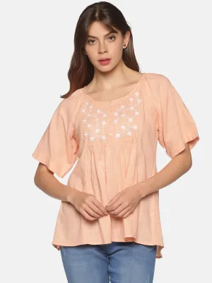 Peach Bohemian Cotton Slub Raglan Sleeves Top