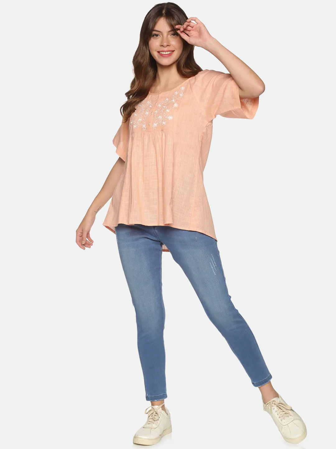Peach Bohemian Cotton Slub Raglan Sleeves Top