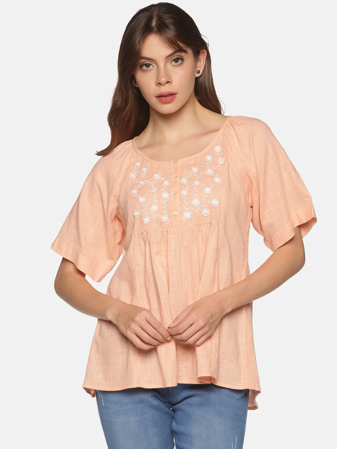 Peach Bohemian Cotton Slub Raglan Sleeves Top