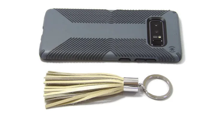 Pearlized Champange Lambskin Leather Tassel Keychain with Rhodium Plated Brass Top Free Gift Wrap