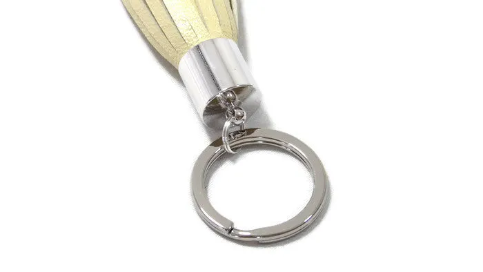 Pearlized Champange Lambskin Leather Tassel Keychain with Rhodium Plated Brass Top Free Gift Wrap