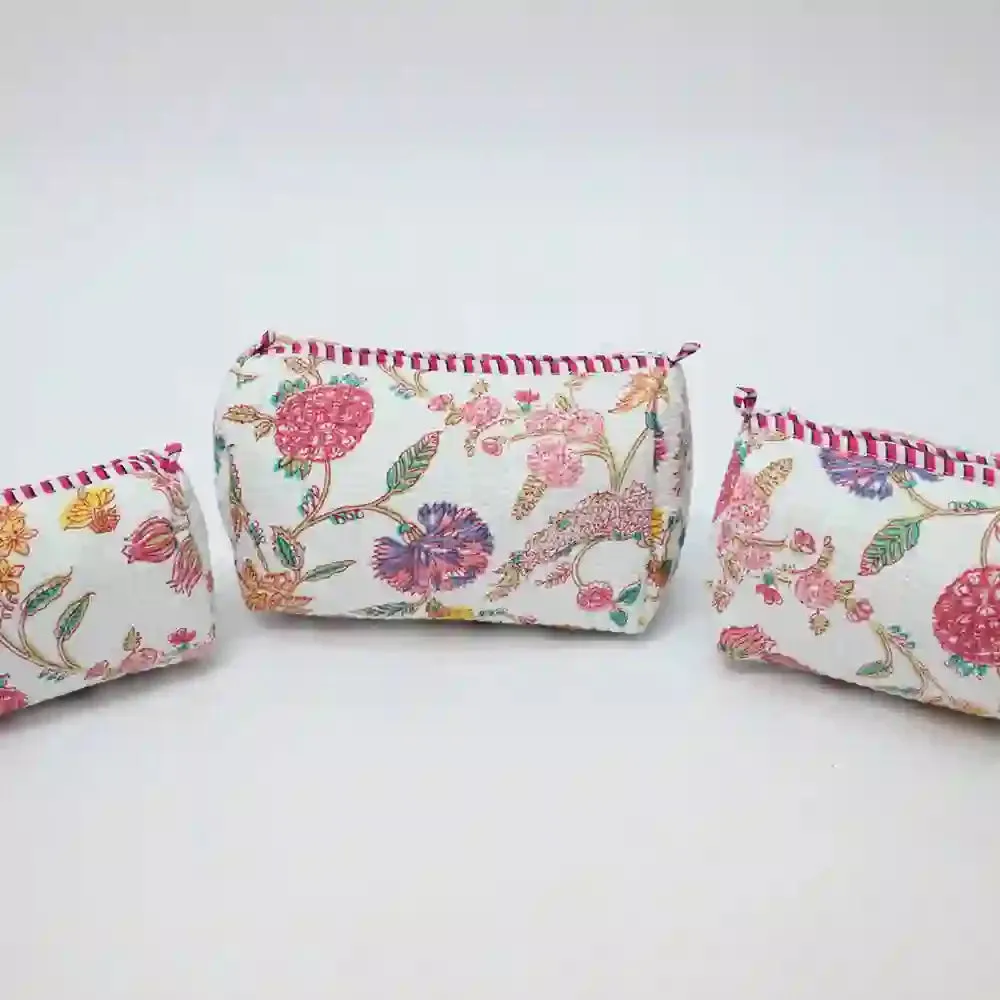 Pink & Peony  handblock printed & quilted travel pouch (Set of 3)