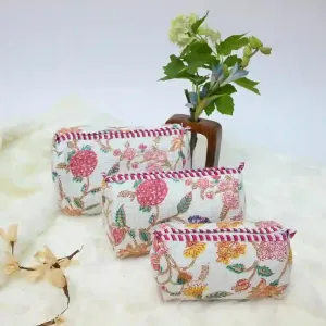 Pink & Peony  handblock printed & quilted travel pouch (Set of 3)