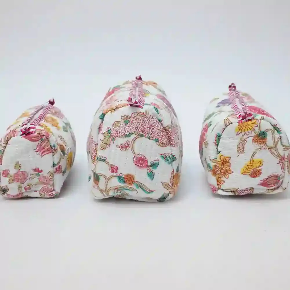 Pink & Peony  handblock printed & quilted travel pouch (Set of 3)