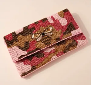 Pink Camo Bee Beaded Clutch