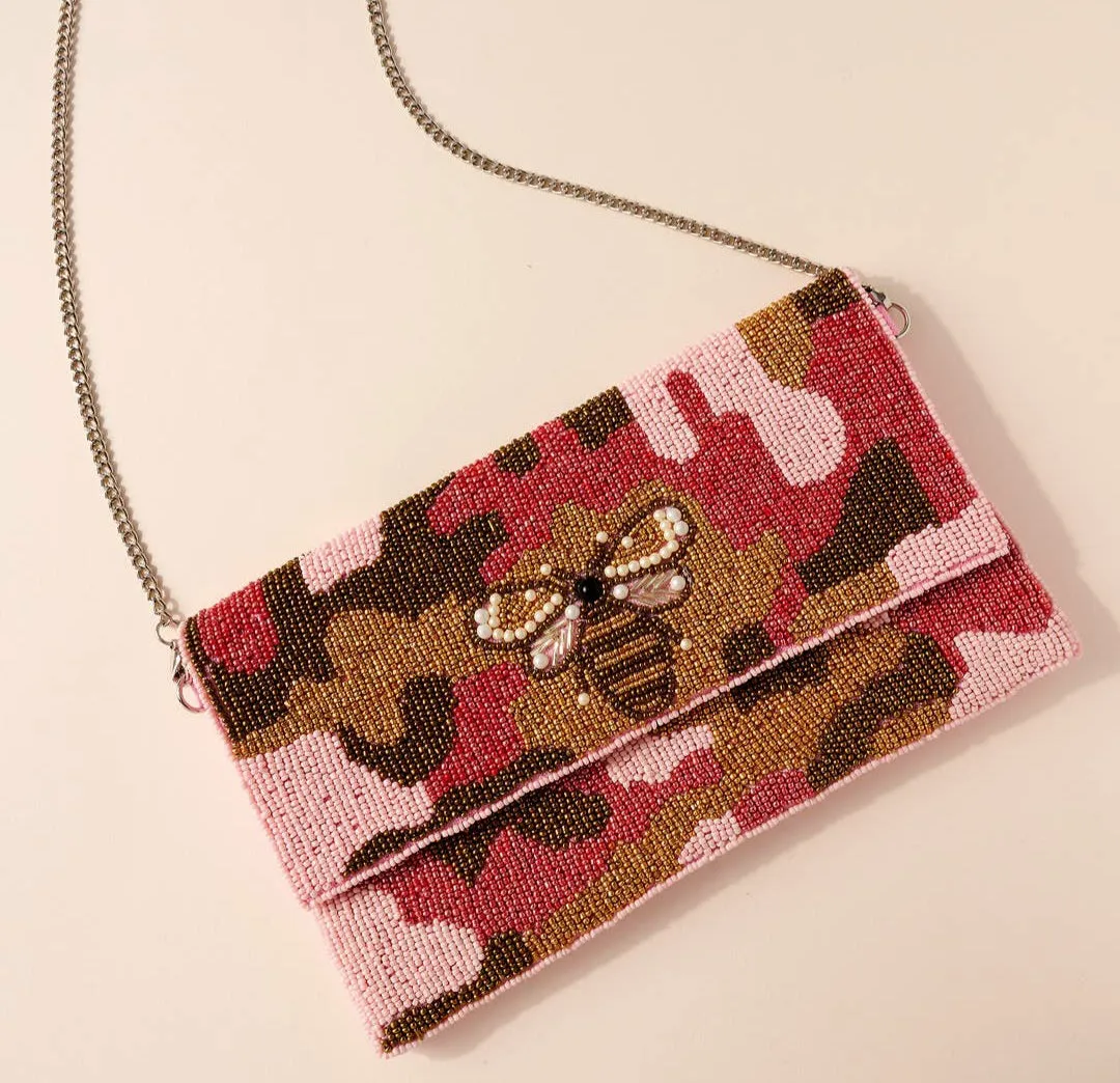 Pink Camo Bee Beaded Clutch