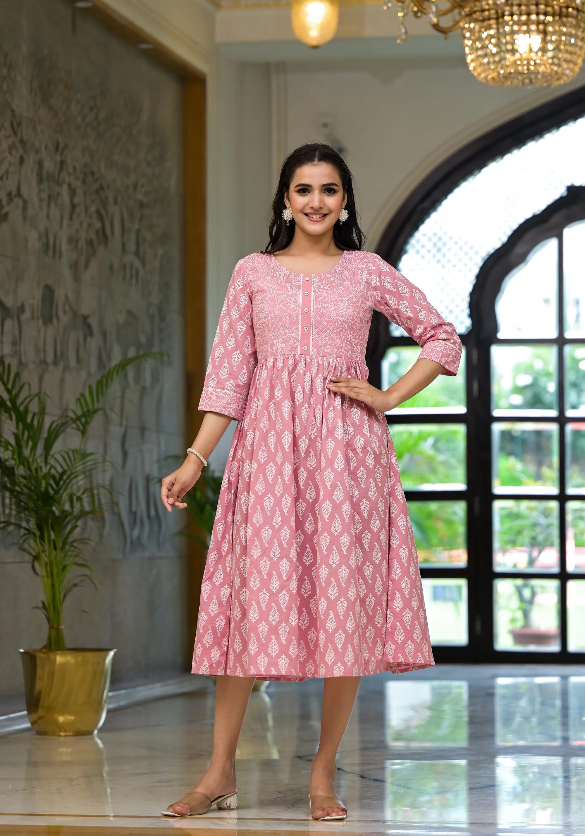 Pink Ethnic Motif Printed Cotton Short Dress with Button & Lace