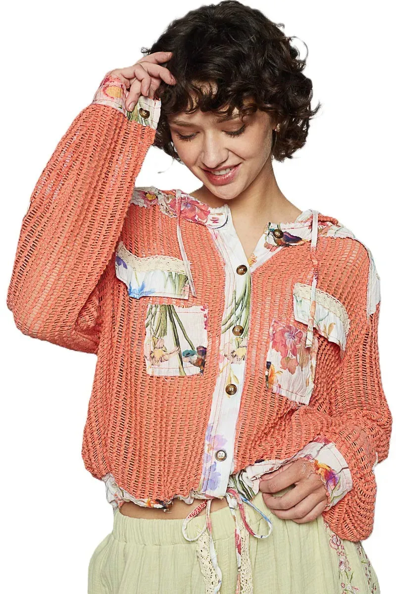 POL Vintage Washed Crochet Hoodie Jacket With Patchwork
