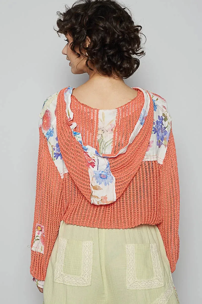 POL Vintage Washed Crochet Hoodie Jacket With Patchwork