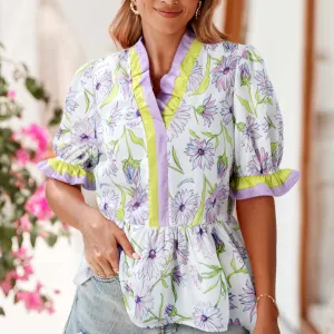 Purple Floral Print Ruffle Pop of Color Neckline Blouse