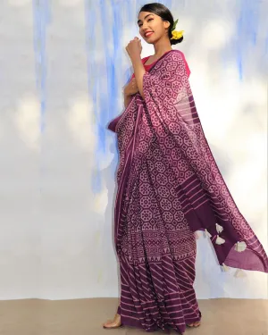 Purple Meadow Hand Blockprinted Sarees- Skd