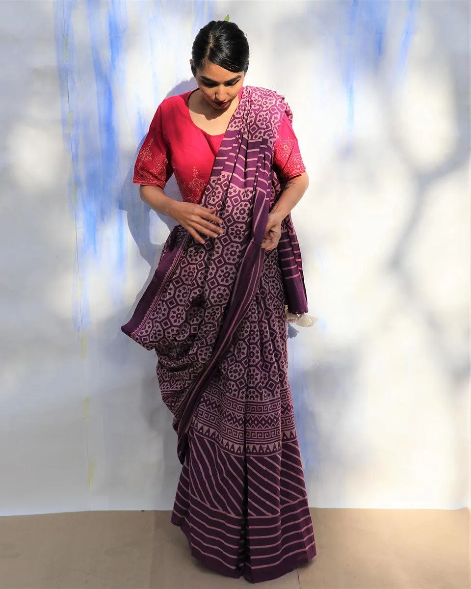 Purple Meadow Hand Blockprinted Sarees- Skd