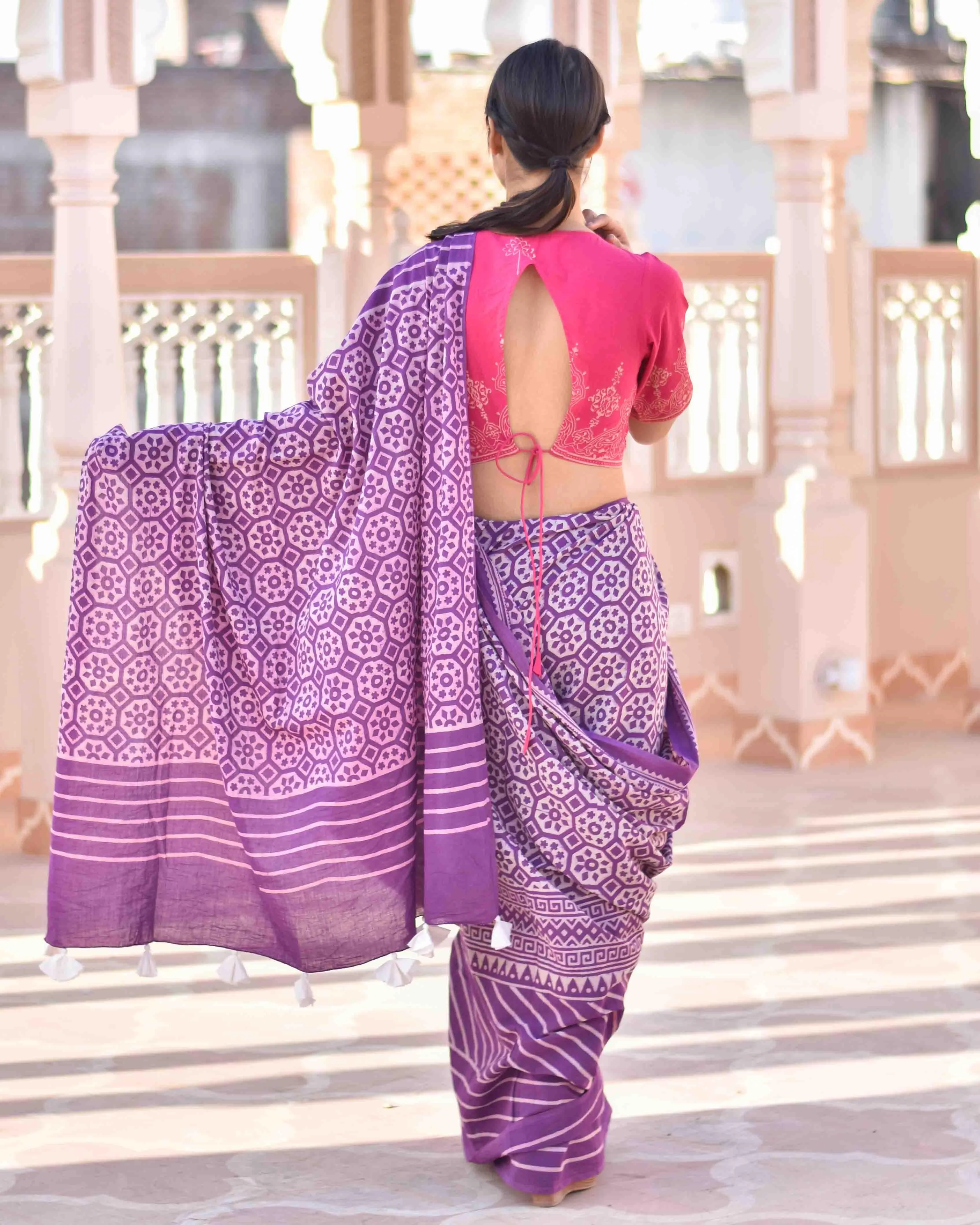 Purple Meadow Hand Blockprinted Sarees- Skd