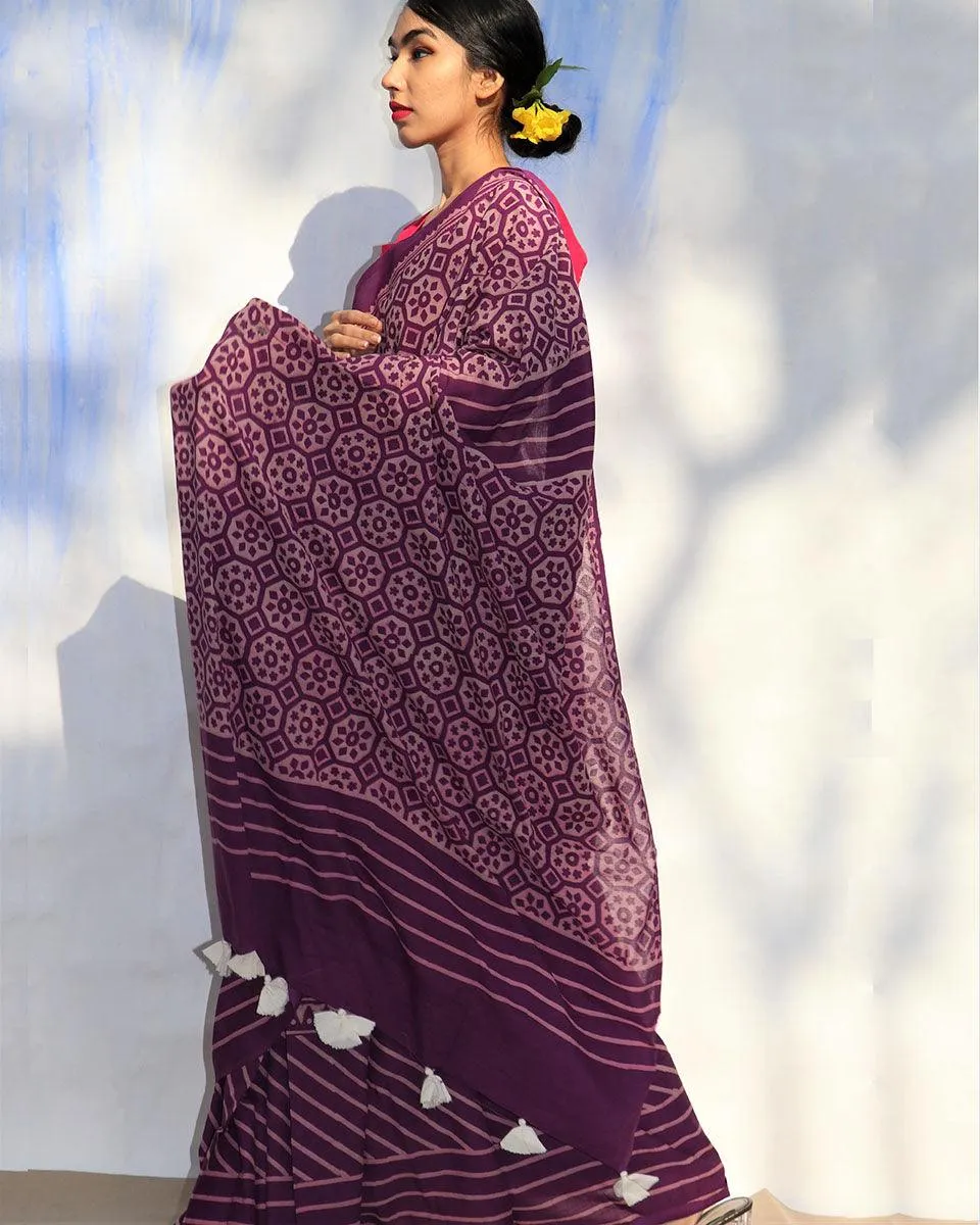 Purple Meadow Hand Blockprinted Sarees- Skd