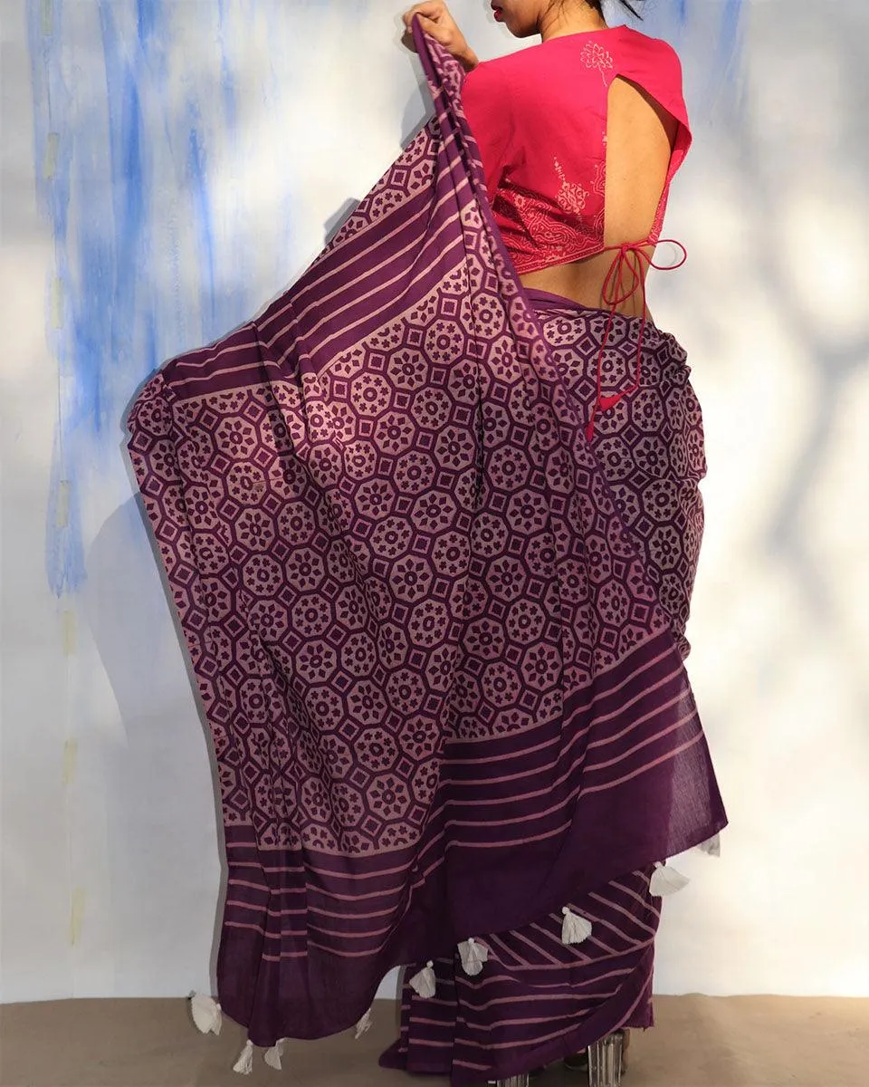Purple Meadow Hand Blockprinted Sarees- Skd
