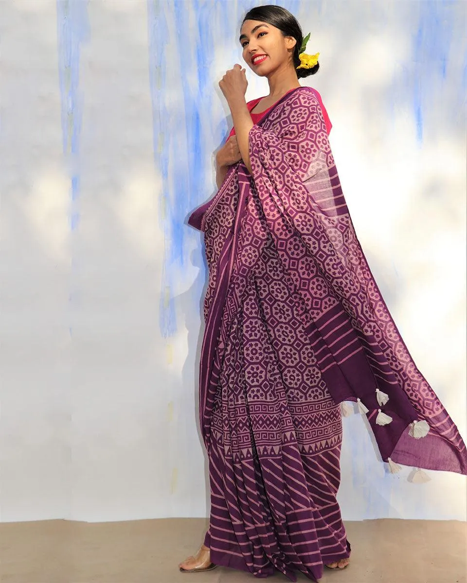 Purple Meadow Hand Blockprinted Sarees- Skd