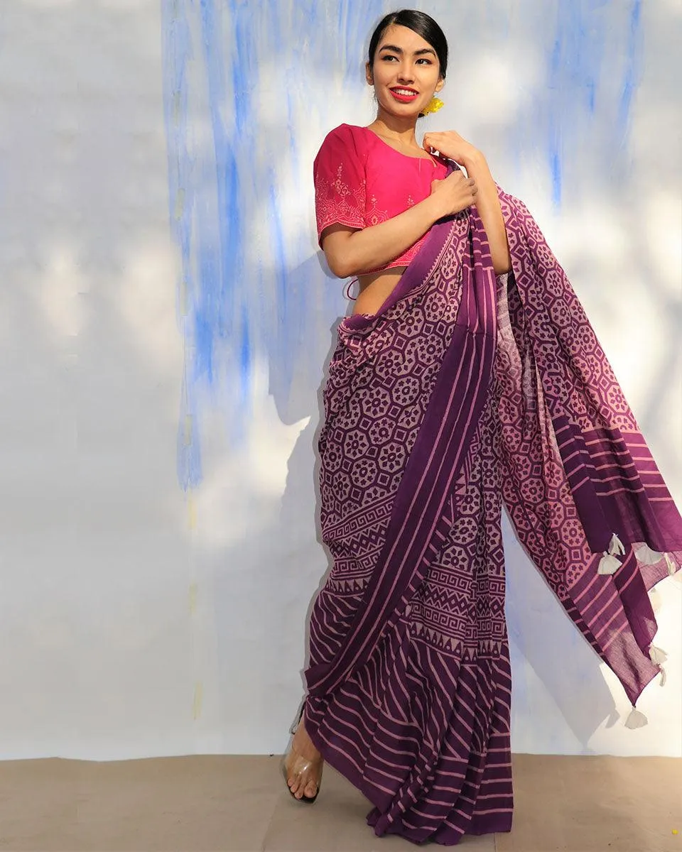 Purple Meadow Hand Blockprinted Sarees- Skd