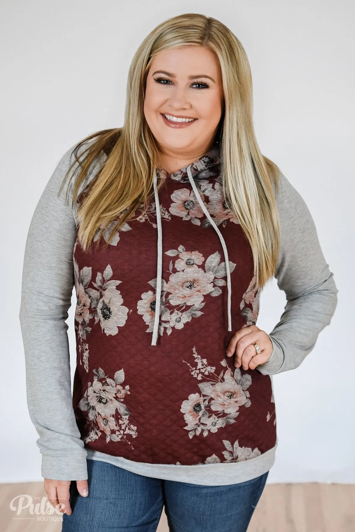 Quilted Floral Hoodie- Burgundy