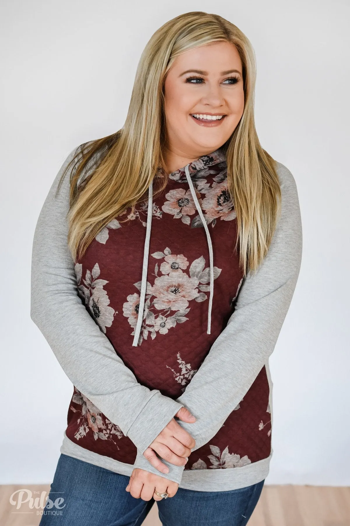 Quilted Floral Hoodie- Burgundy