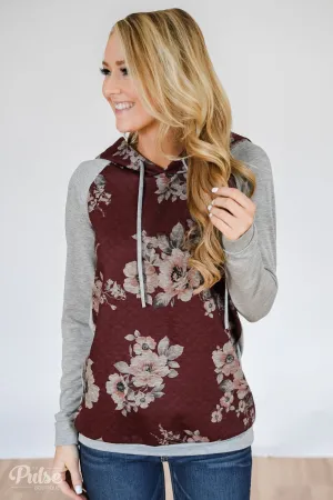 Quilted Floral Hoodie- Burgundy