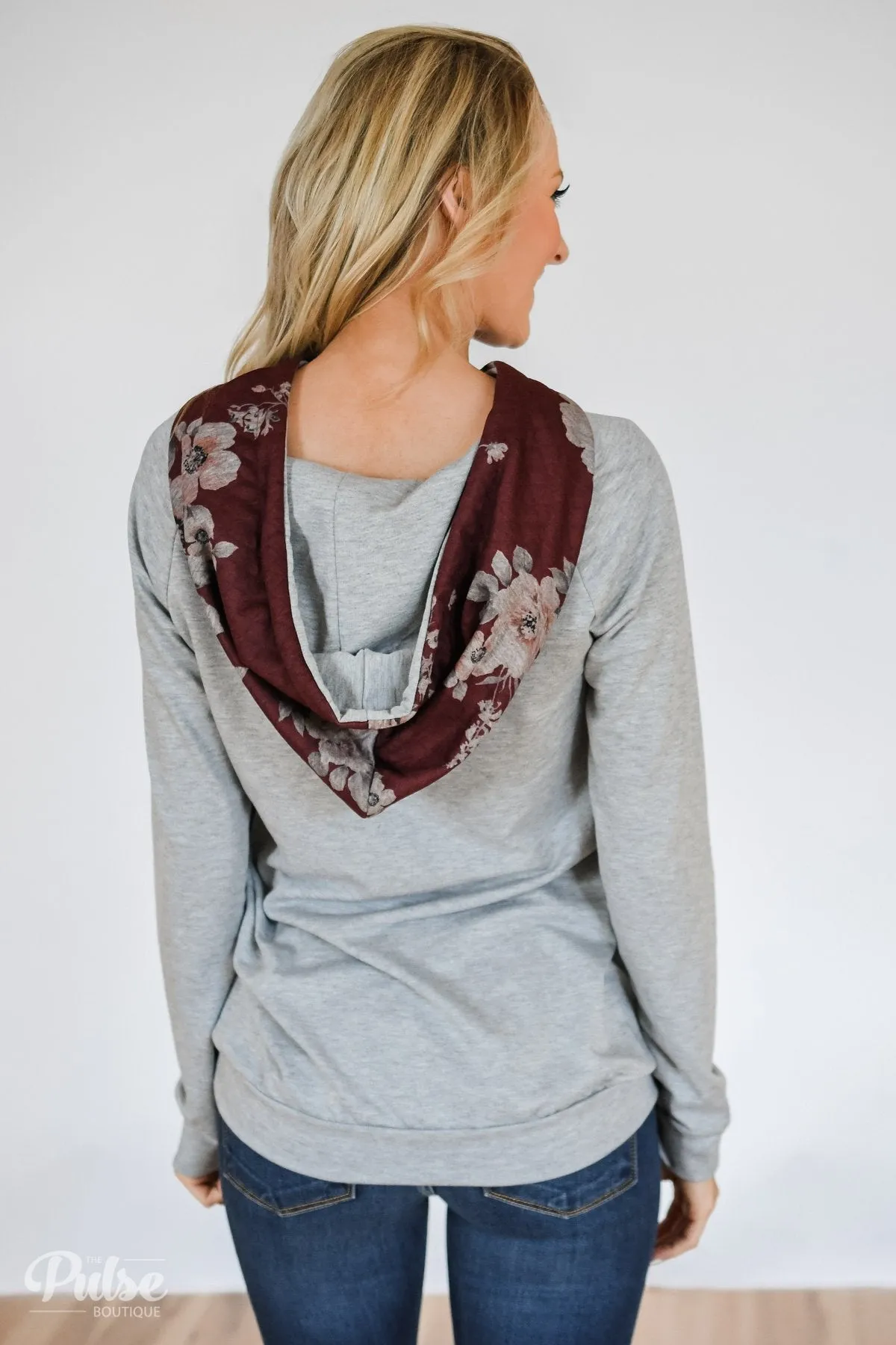 Quilted Floral Hoodie- Burgundy