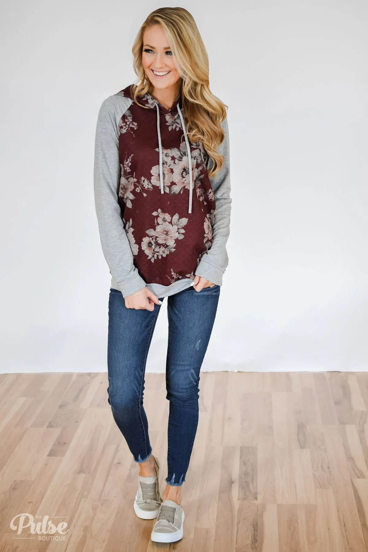 Quilted Floral Hoodie- Burgundy