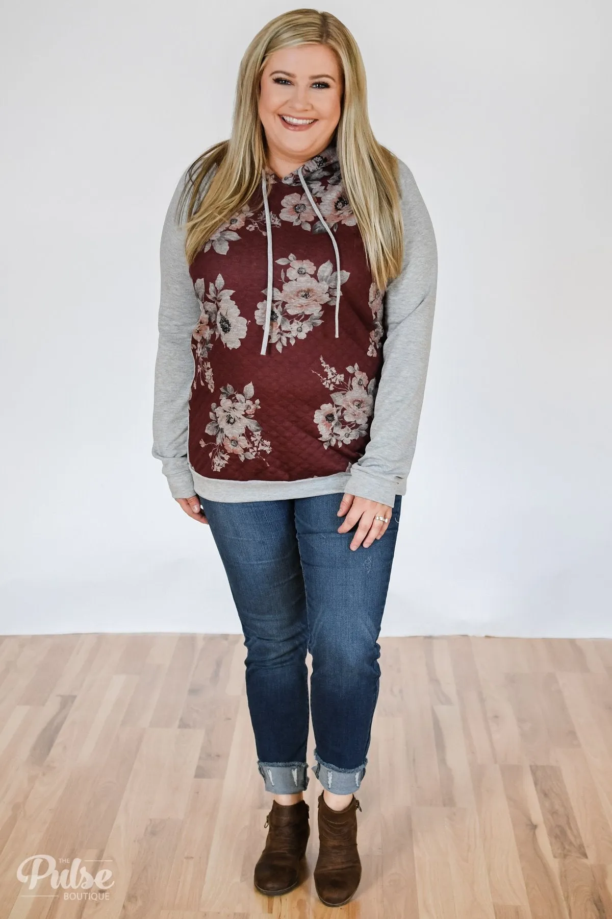 Quilted Floral Hoodie- Burgundy