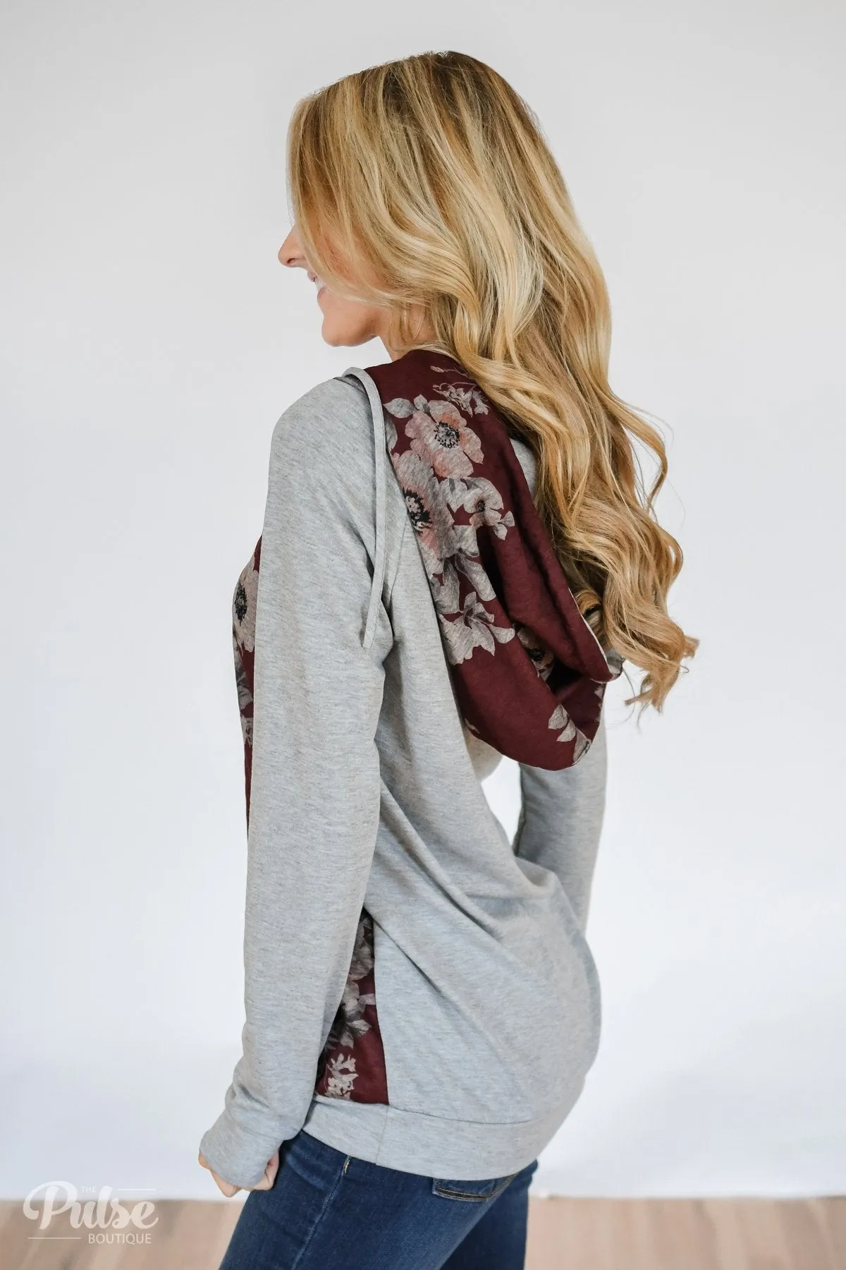 Quilted Floral Hoodie- Burgundy