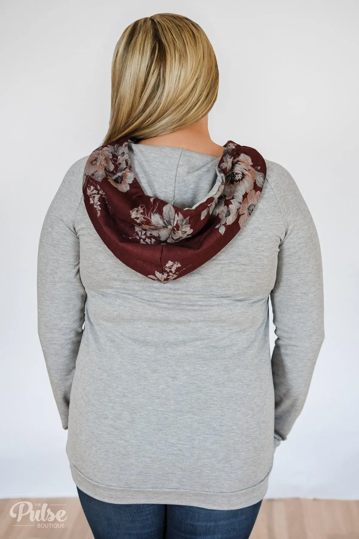 Quilted Floral Hoodie- Burgundy