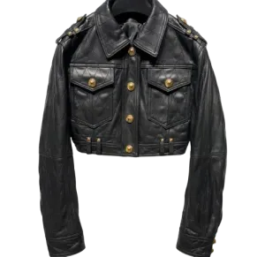 Quilted Gold Button Leather Bomber