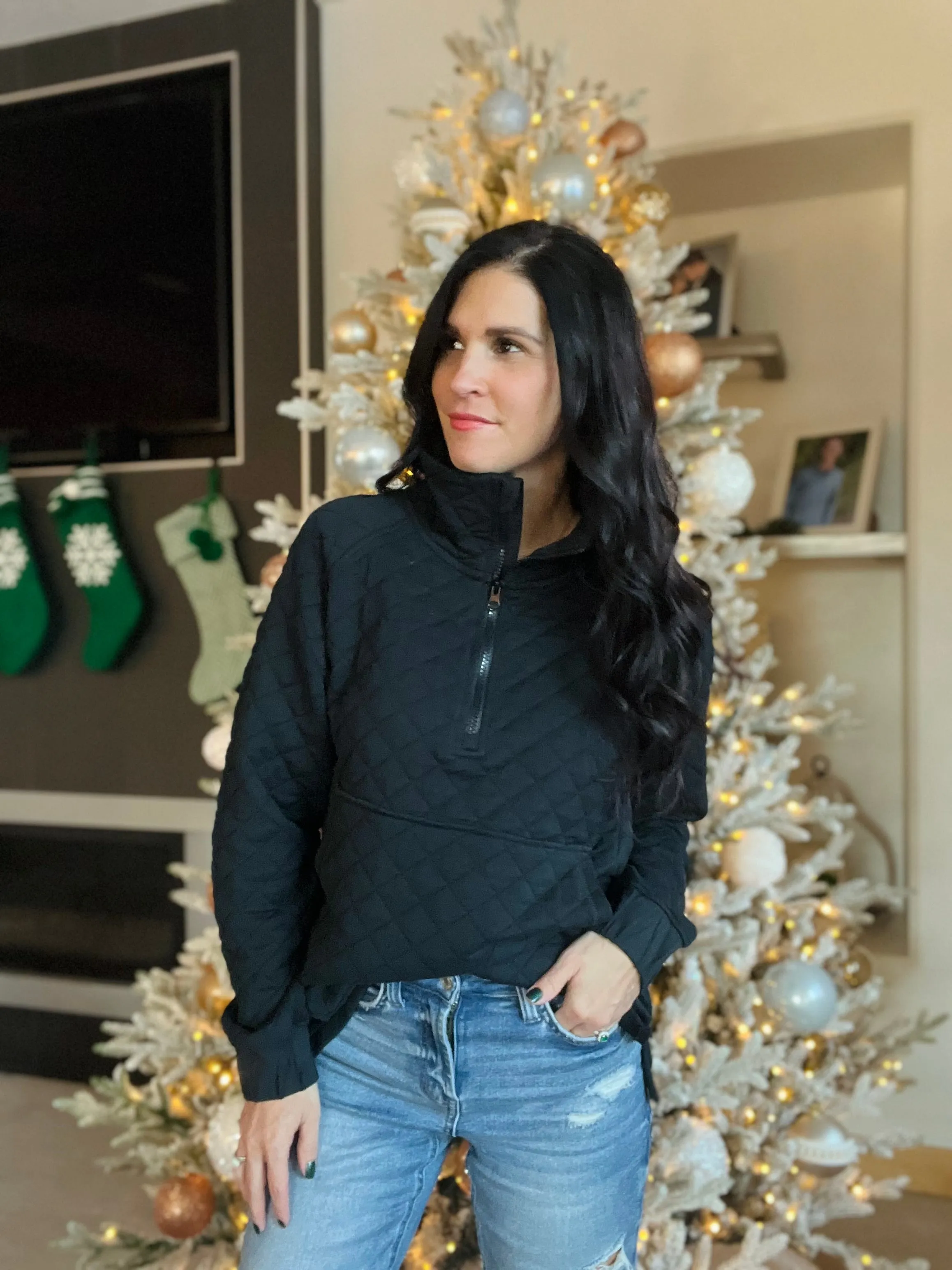 Quilted Half Zip Pullover in Black