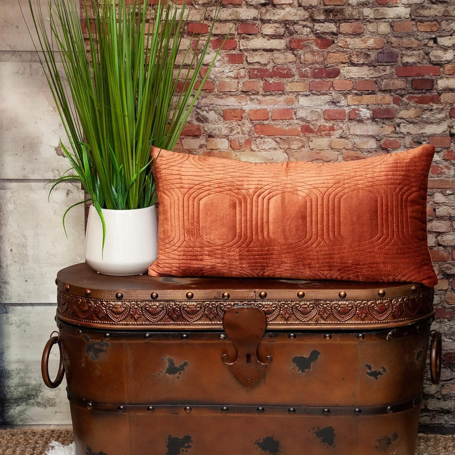 Quilted Velvet Burnt Orange Lumbar Throw Pillow
