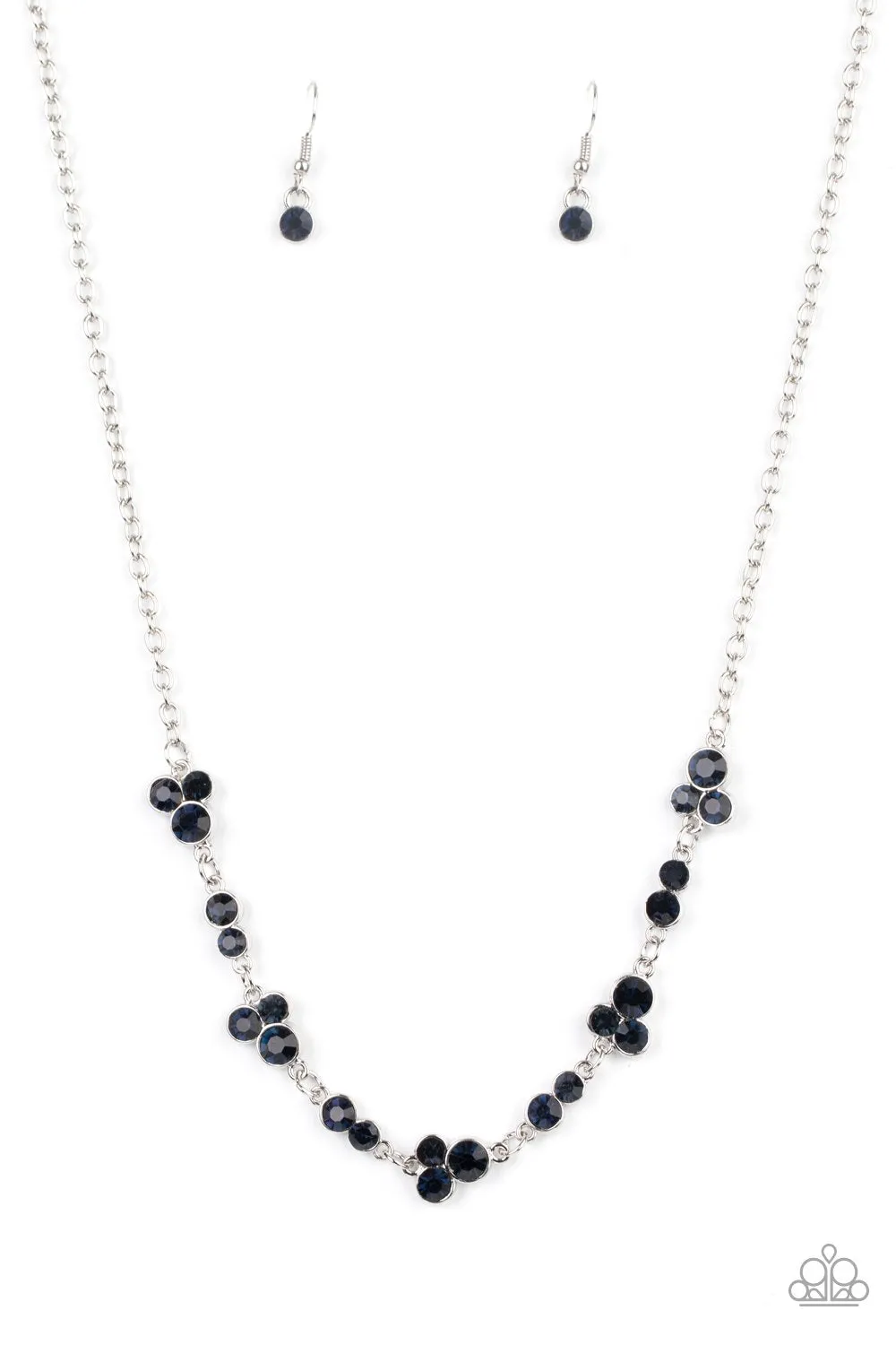 " Gorgeously Glistening " Silver Metal Blue Rhinestone Cluster Necklace Set