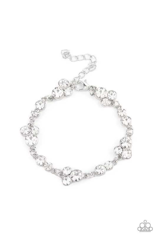 " Social Glistening " Silver Metal & White Rhinestone Cluster Clasp Bracelet