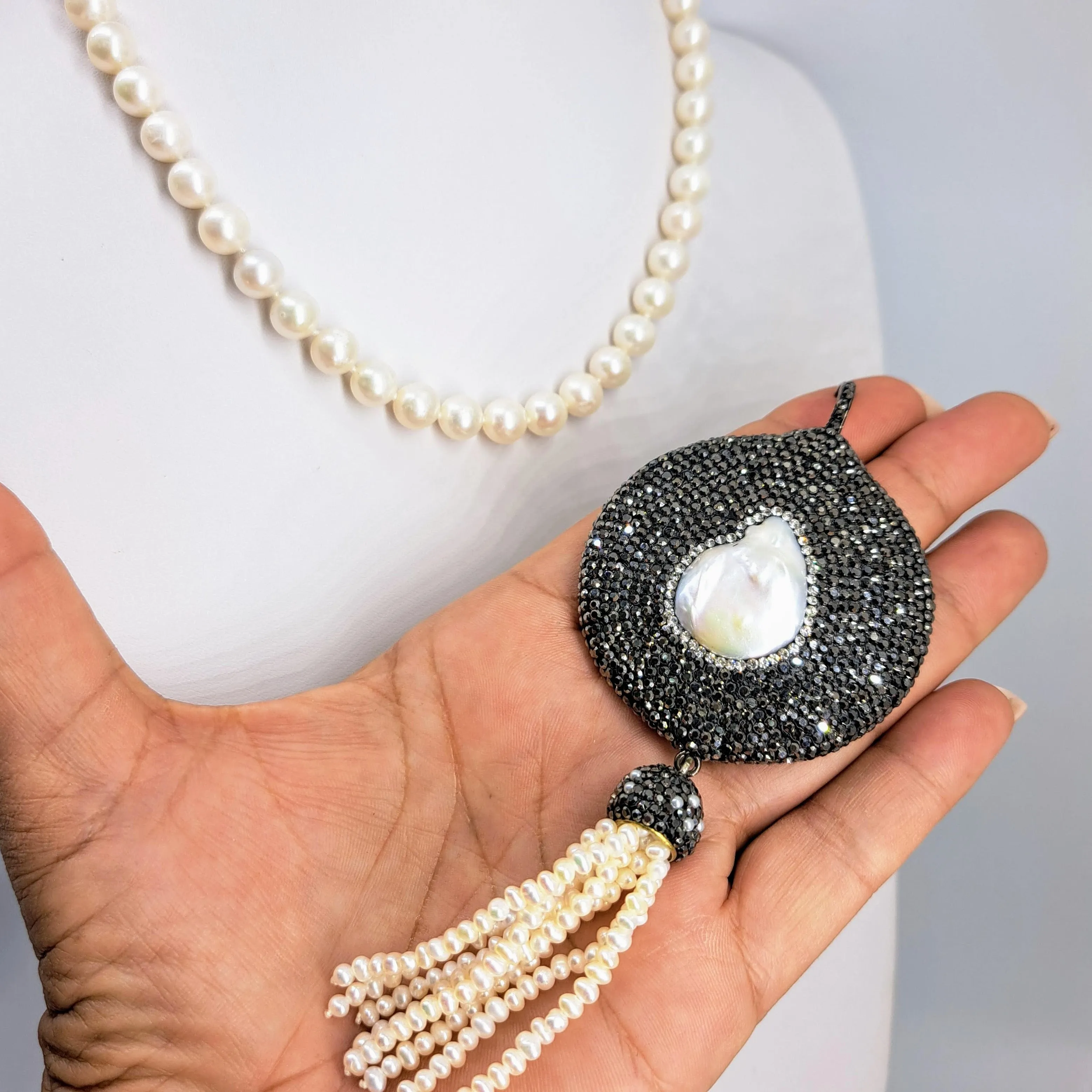 "Magical Medallion" Pendant Necklace - Pearls, Swarovski, Leather, Sterling
