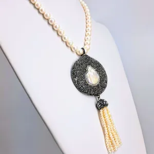 "Magical Medallion" Pendant Necklace - Pearls, Swarovski, Leather, Sterling