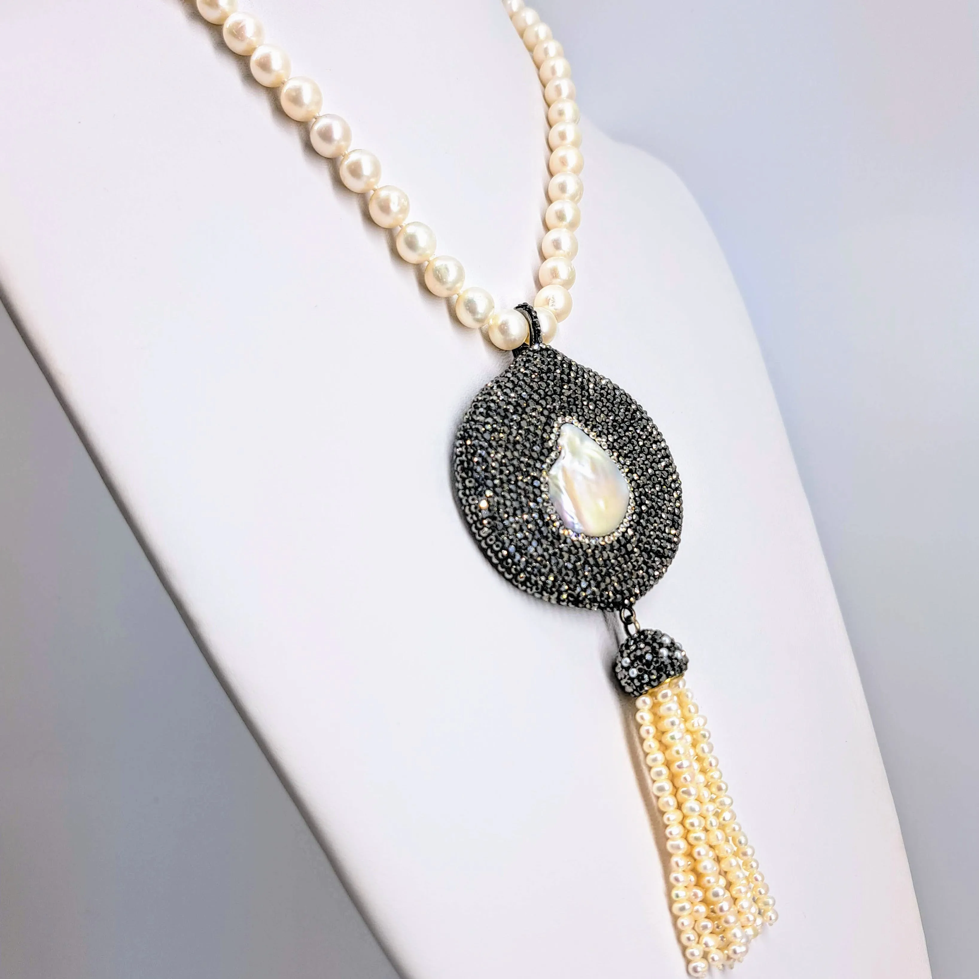 "Magical Medallion" Pendant Necklace - Pearls, Swarovski, Leather, Sterling