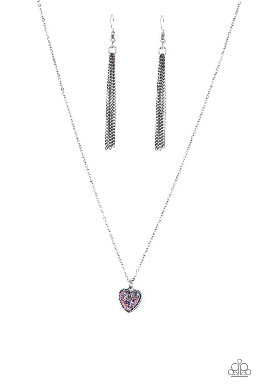 "Pitter-Patter, Goes My Heart" Silver Purple Rhinestone Heart Necklace Set