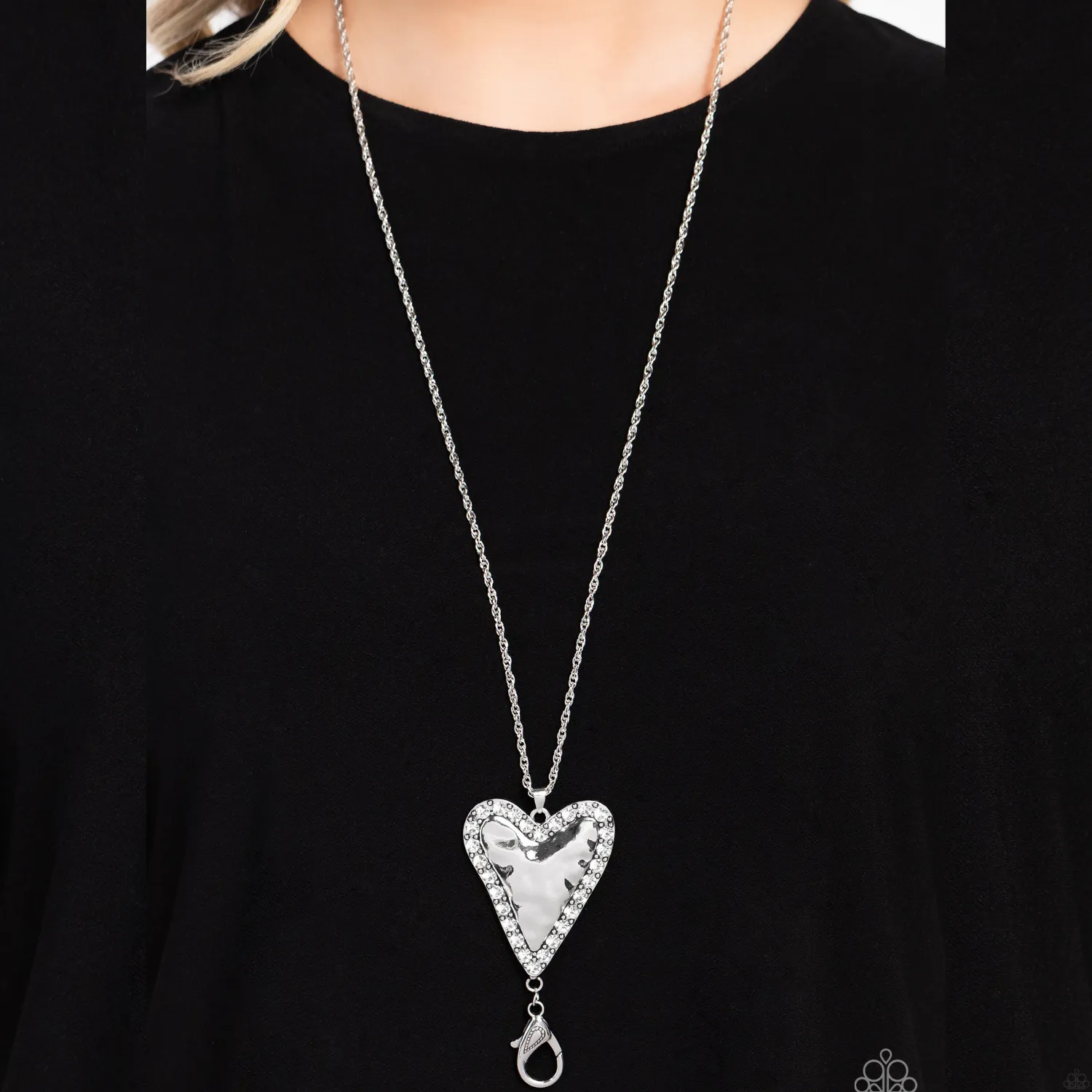 "Radiant Romeo" Antiqued Silver Metal with Clear/White Rhinestone Heart Lanyard Necklace Set