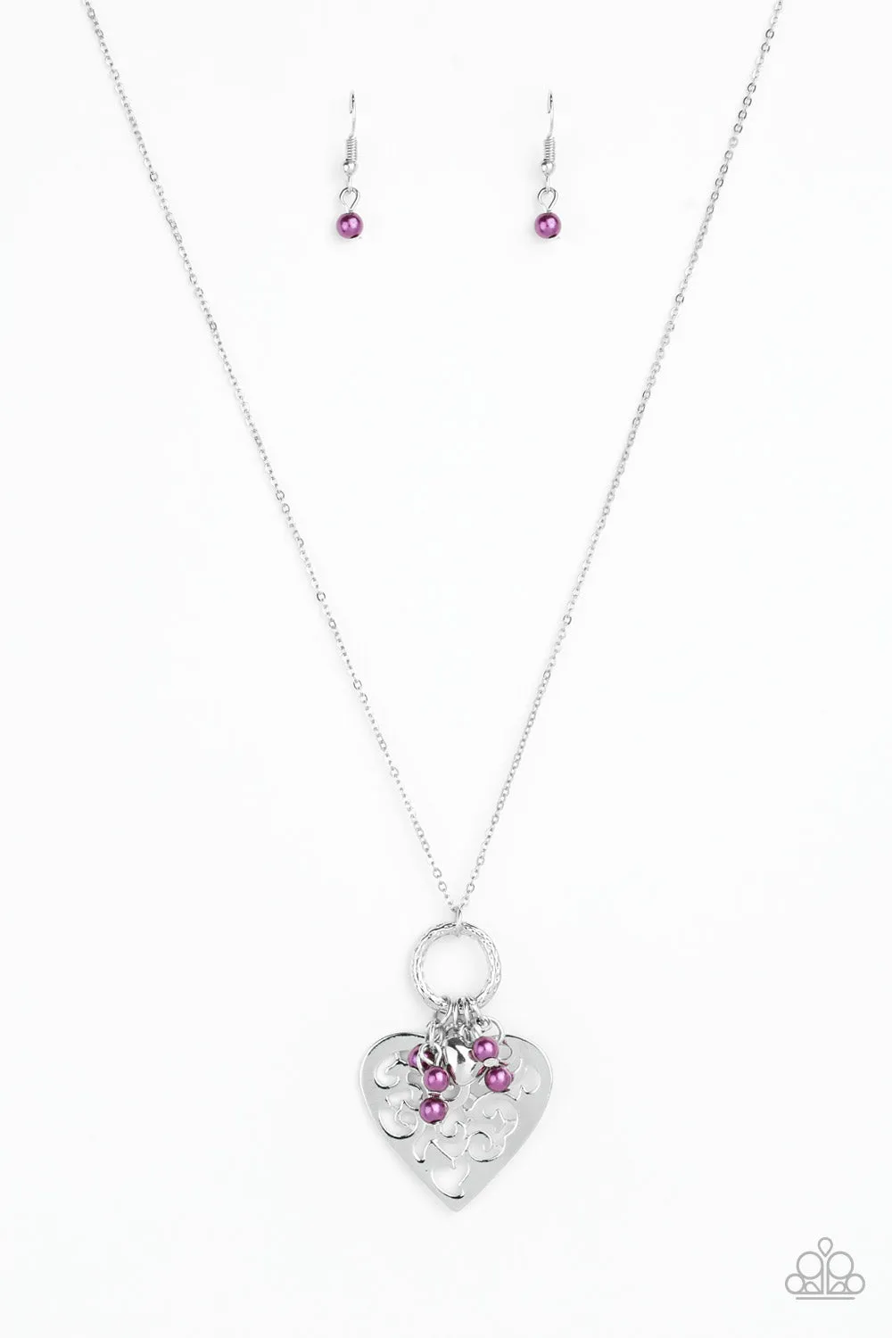 "Romeo Romance" Silver Metal Purple Pearls Filigree Heart Necklace Set