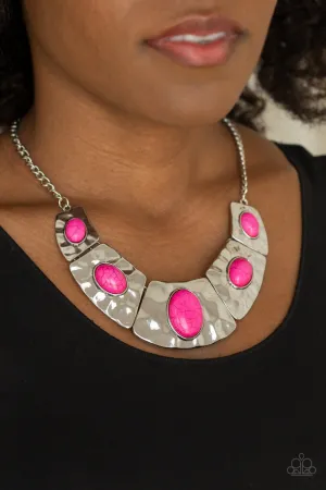"Ruler in Favor" Silver Chain Pink Crackle Stone Bib Style Necklace Set