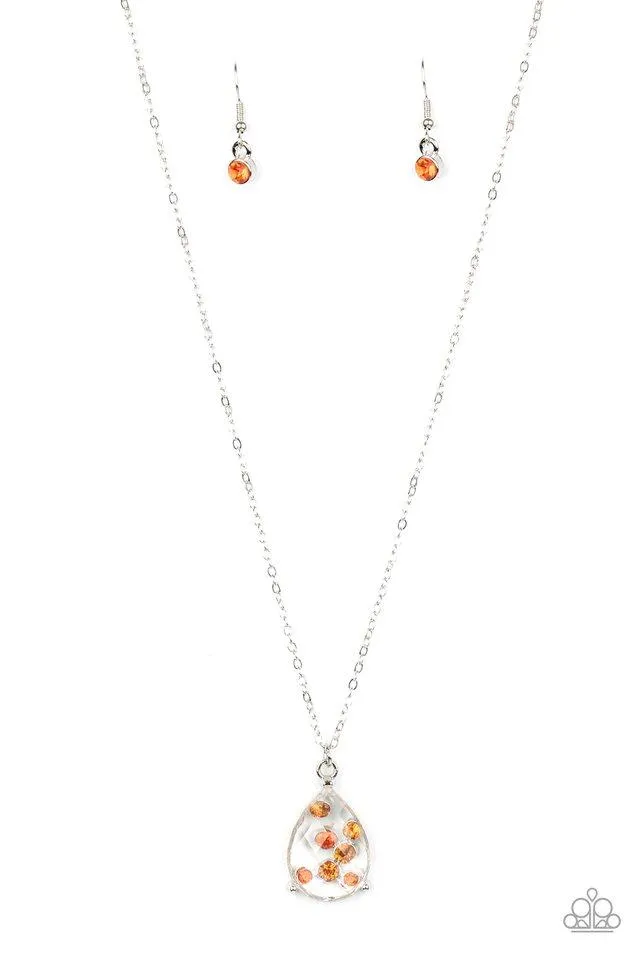 "Stormy Shimmer" Silver Metal Clear Faceted Acrylic Orange Rhinestone Necklace Set