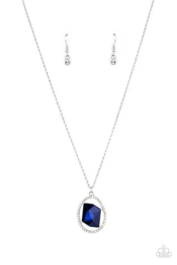 "Undiluted Dazzle" Silver Metal & Blue/White Rhinestone Long Pendant Necklace Set