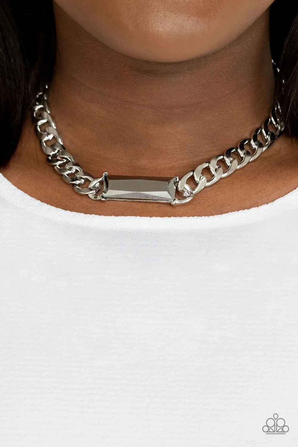 "Urban Royalty" Silver Metal & Emerald Cut Hematite Bar Necklace Set