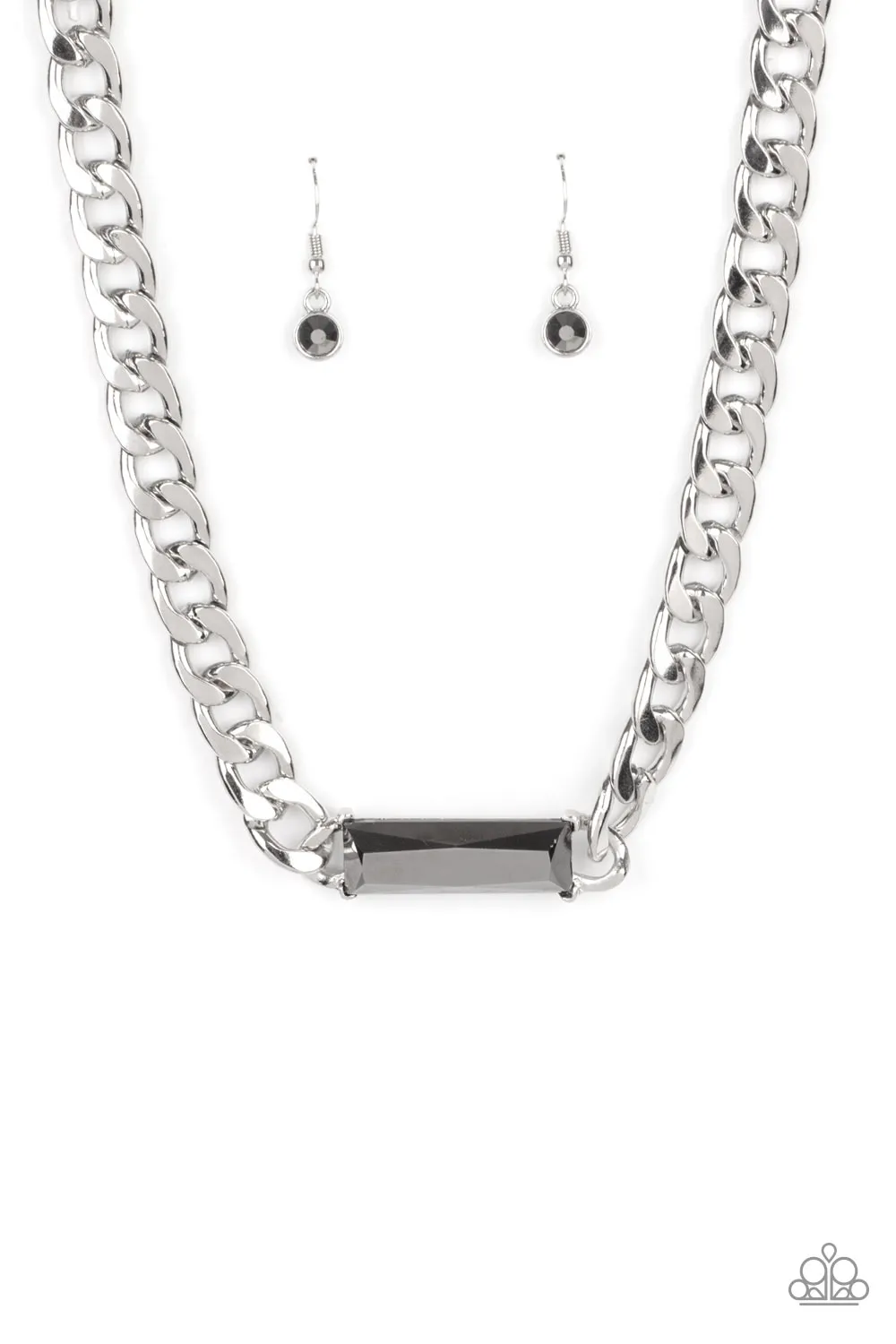 "Urban Royalty" Silver Metal & Emerald Cut Hematite Bar Necklace Set