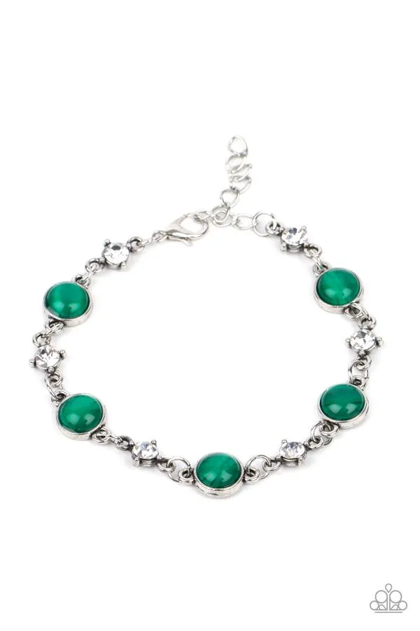 "Use Your Illumination" Silver Metal & Round Green Cats Eye Clasp Bracelet