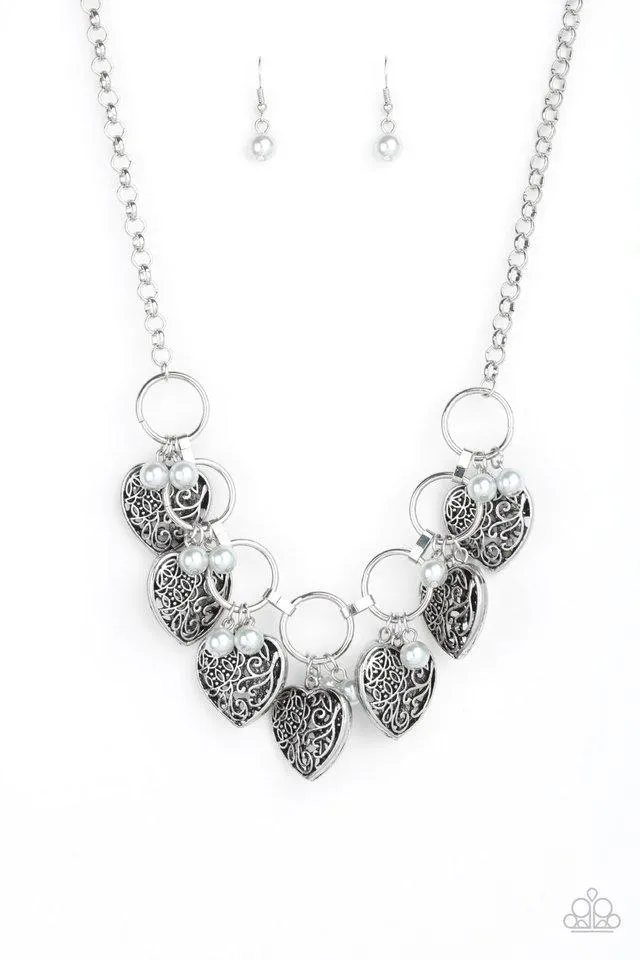 "Very Valentine" Silver Hearts & GRAY Pearls Stunning Necklace Set