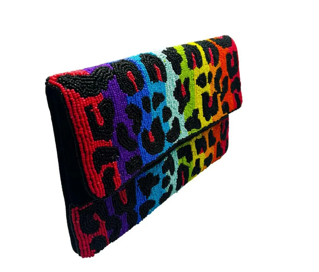 Rainbow Leopard Beaded Clutch