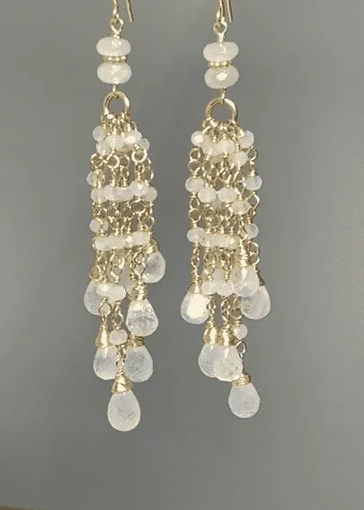 Rainbow Moonstone Tassel Earrings Gold