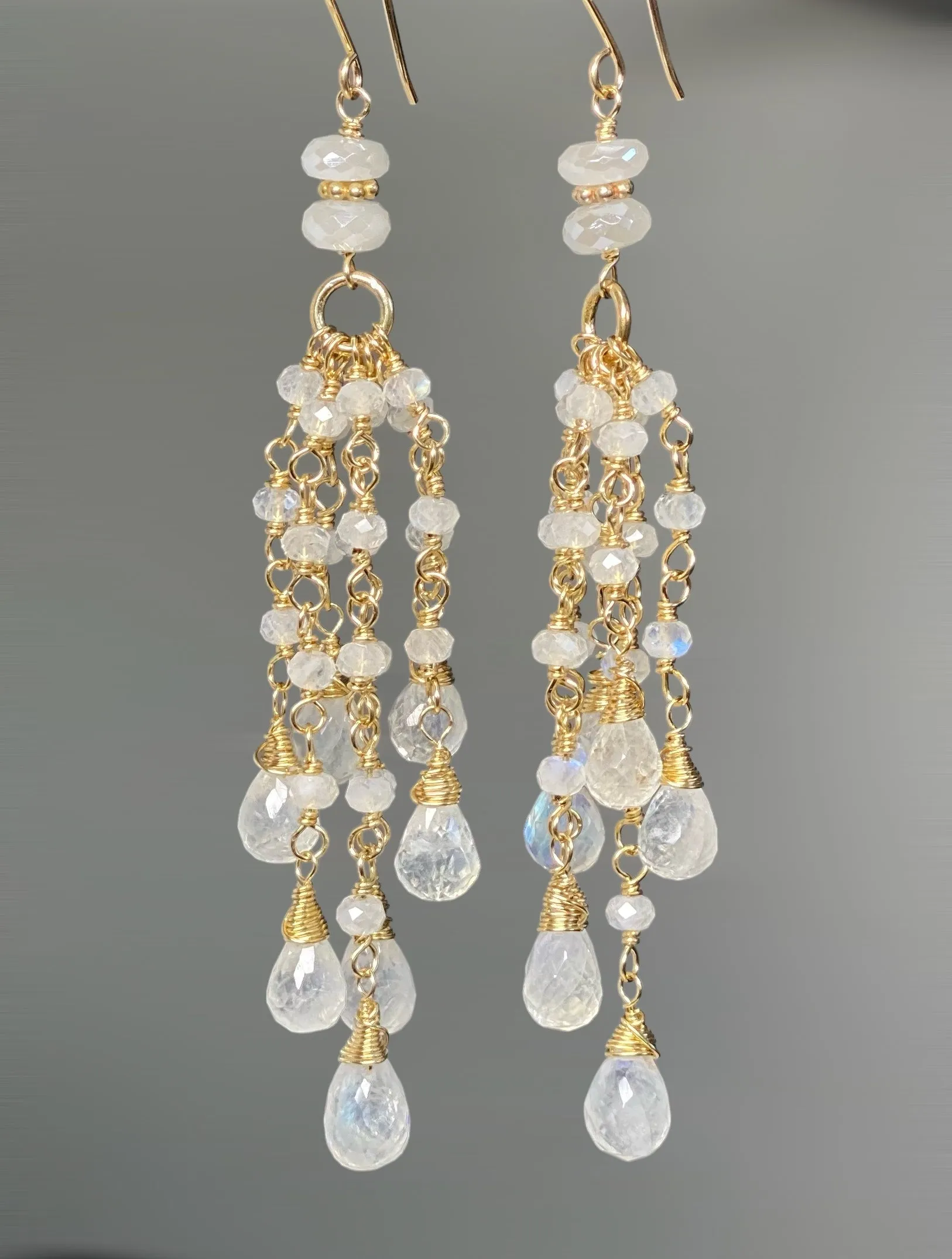 Rainbow Moonstone Tassel Earrings Gold